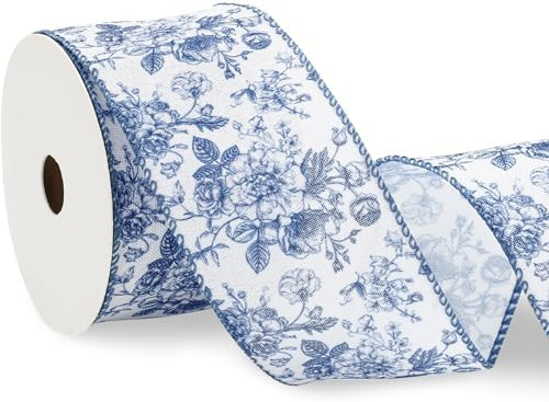 Floral Wired Edge Ribbon Blue Flower Craft Ribbon Chinoiserie Decorative Fabric Ribbons for DIY C... | Amazon (US)