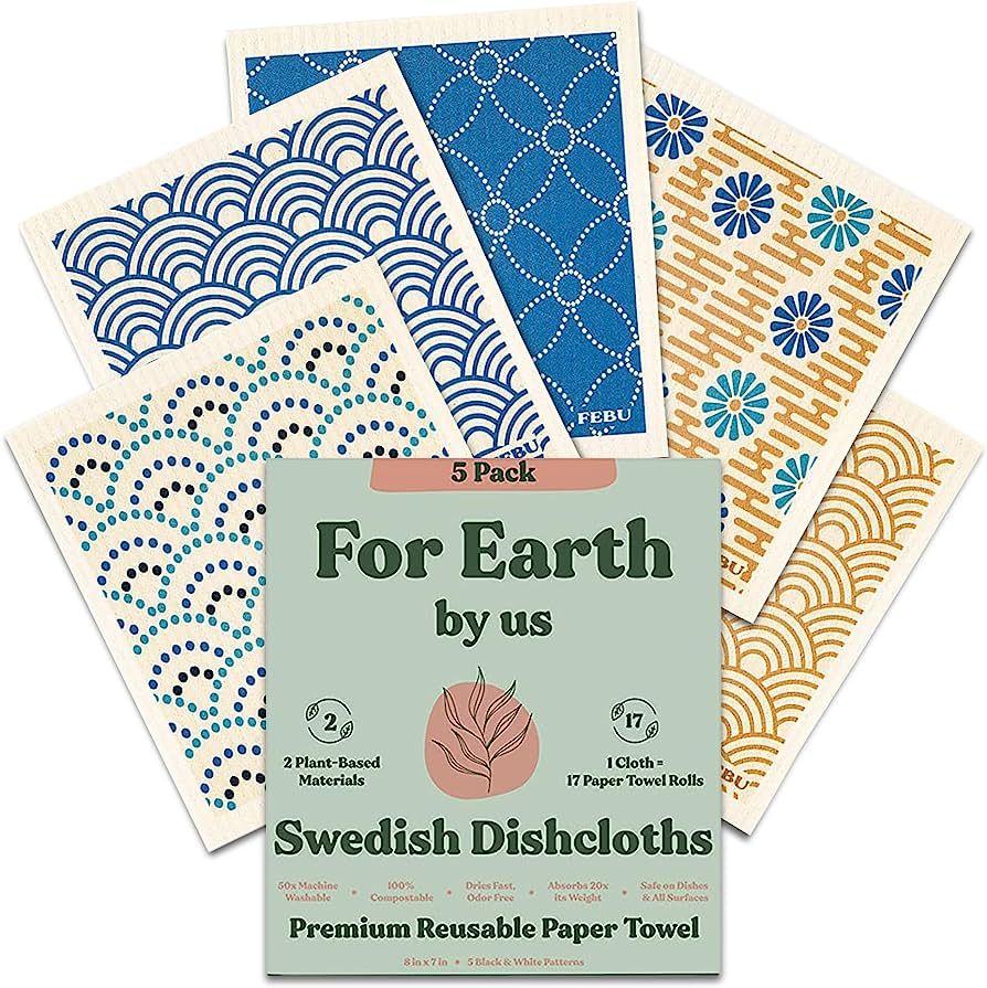 FEBU Swedish Dishcloths for Kitchen | 5-Pack Blue Geometric Swedish Dish Towels | Cellulose Spong... | Amazon (US)
