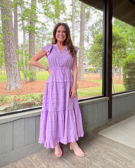 Here's a lilac colored midi dress that's perfect for all spring and summer events! It's so pretty with the tiers and ruffled hem. Wearing size small dress. It will be shorter on you tall ladies.
#springfashion #outfitinspo #shoeinspo #weddinggueststyle

#LTKSeasonal #LTKStyleTip #LTKShoeCrush