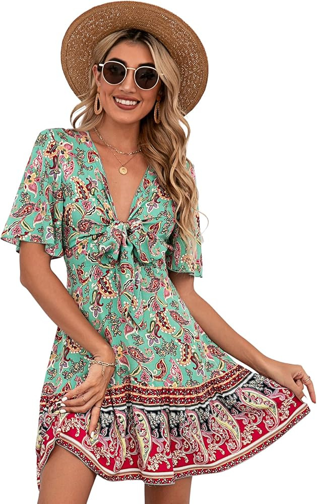 SweatyRocks Women's Boho Short Sleeve V Neck Dress Floral Tie Front A Line Mini Dresses | Amazon (US)