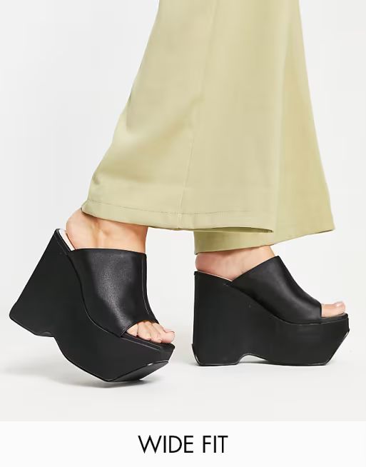 RAID Wide Fit Ferris platform heel mules in black satin | ASOS (Global)