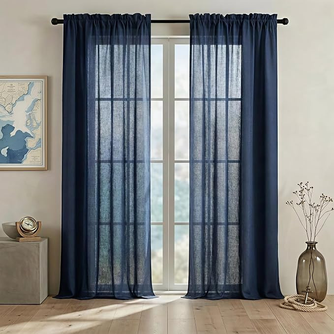 Navy Blue Coastal Linen Curtains, Effortless Elegant Rod Pocket or Clip Ring Sheer Drapes, Summer... | Amazon (US)