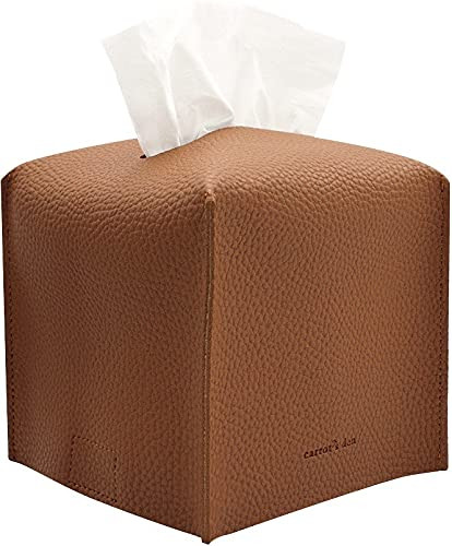 Tissue Box Cover Holder, Square with Bottom Belt by Carrot's Den - PU Leather Decorative Organizer for Tabletop, Bathroom, Car, Office | Camel | Amazon (US)