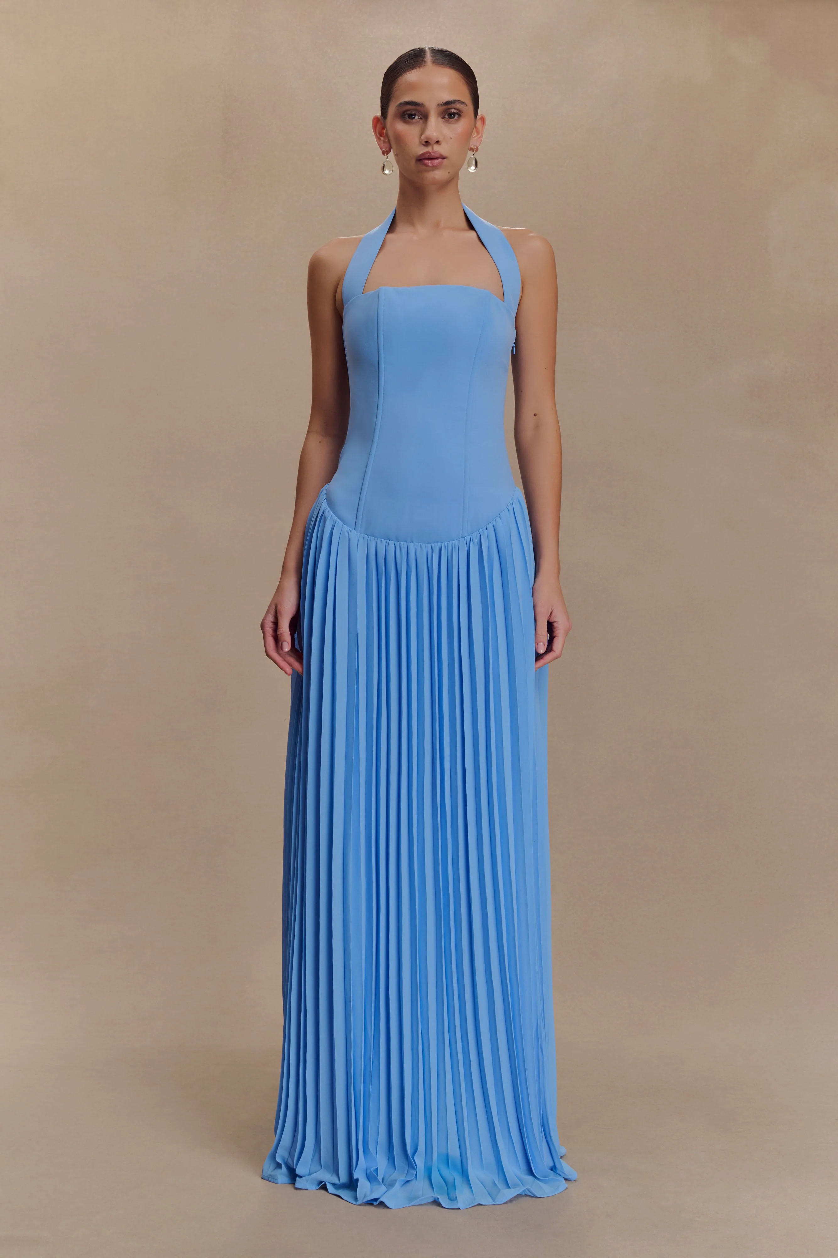 Stacie Pleated Halter Maxi Dress - Bright Blue | MESHKI US