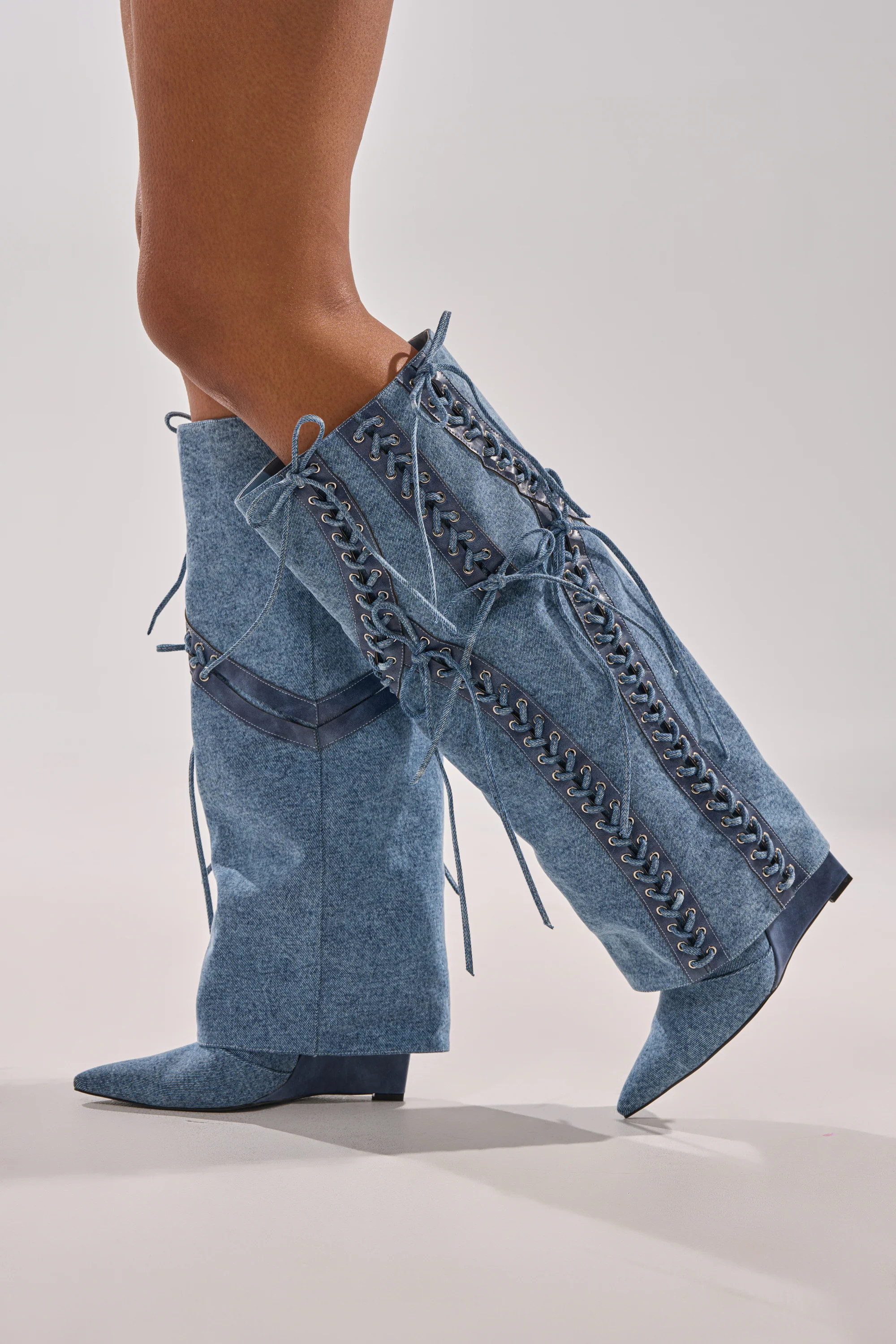 AKIRA GOLD MANTIGNA DENIM WEDGE BOOT | AKIRA