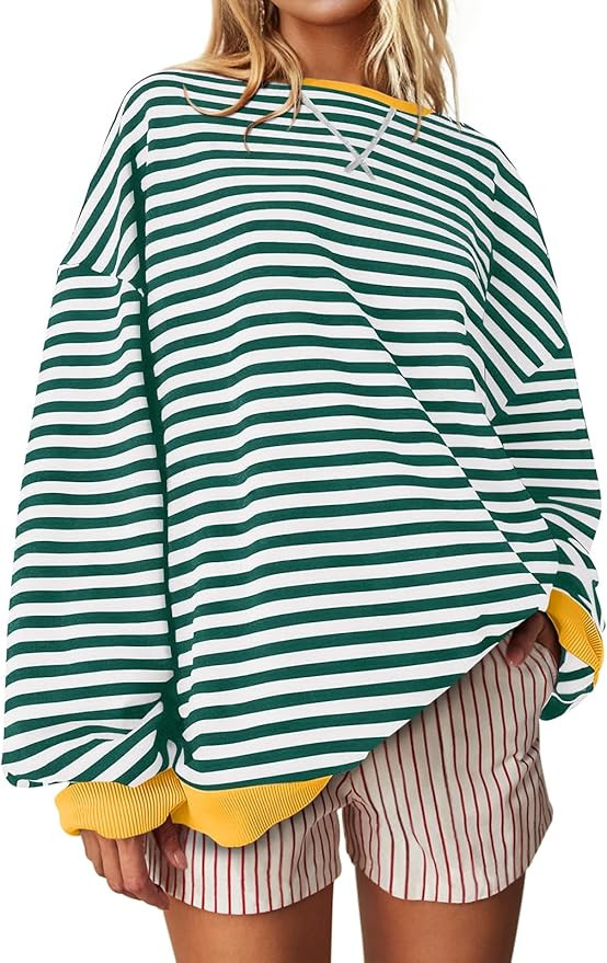 UEU Women Oversized Striped Crewneck Sweatshirt Long Sleeve Color Block Pullover Tops Casual Loos... | Amazon (US)