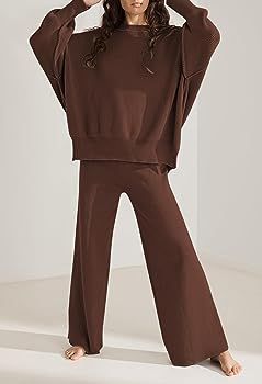 Linsery Women 2 Piece Sweater Sets Long Sleeve Knit Top Matching Wide Leg Pant Knitted Sweatsuit ... | Amazon (US)