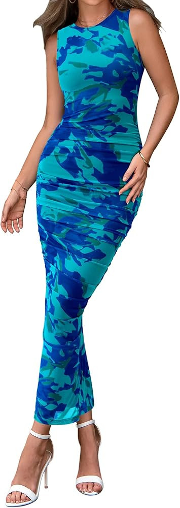 BTFBM Women Bodycon Maxi Dresses 2025 Summer Sleeveless Floral Ruched Slit Mesh Party Cocktail We... | Amazon (US)