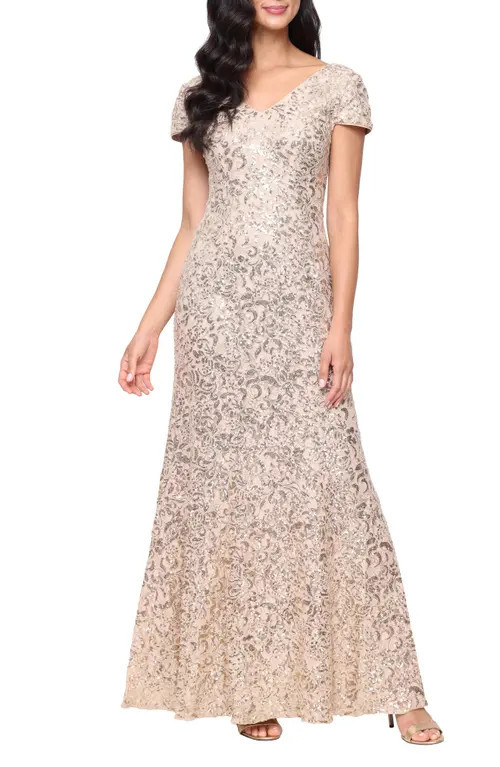 Alex Evenings Sequin Cord Lace A-Line Evening Gown in Gold at Nordstrom, Size 18 | Nordstrom