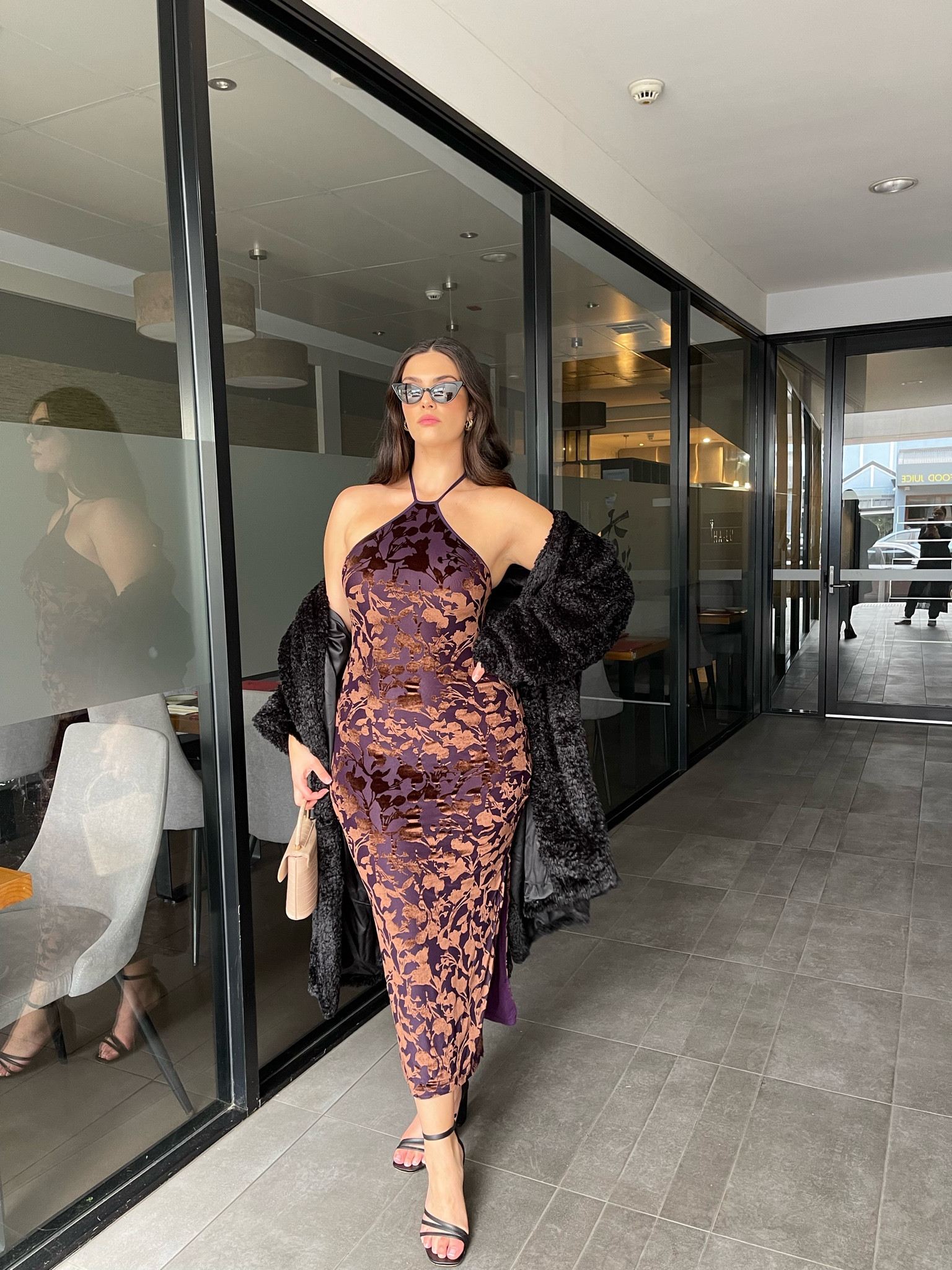 Velvet brown chocolate with purple tinge eggplant winter evening dress paired with statement black faux fur coat wearing size 12 AU and black strappy mid heel so comfy! S

#LTKSeasonal #LTKaustralia #LTKcurves