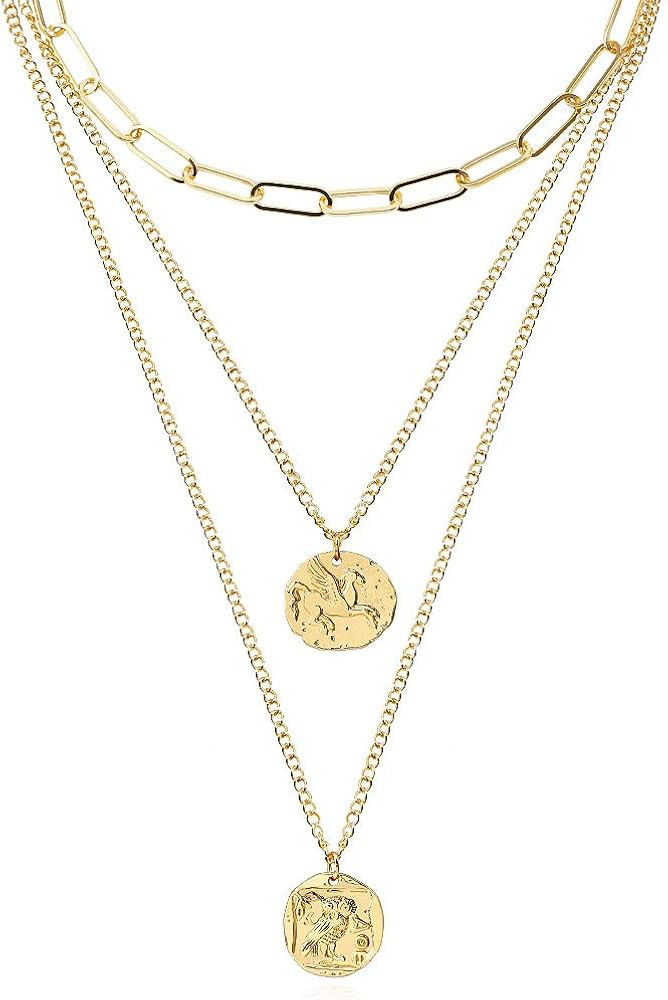 FAMARINE Gold Layered Pendant Long Necklace, 3 Layer Choker Necklace Chain Pendant Costume Jewelr... | Amazon (US)