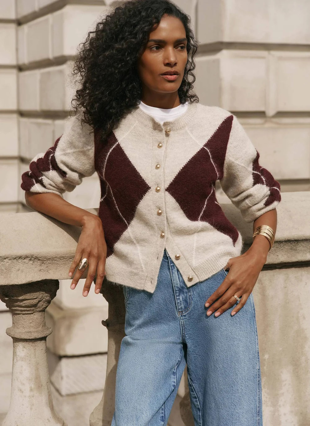 Neutral Wool Blend Argyle Cardigan | Mint Velvet
