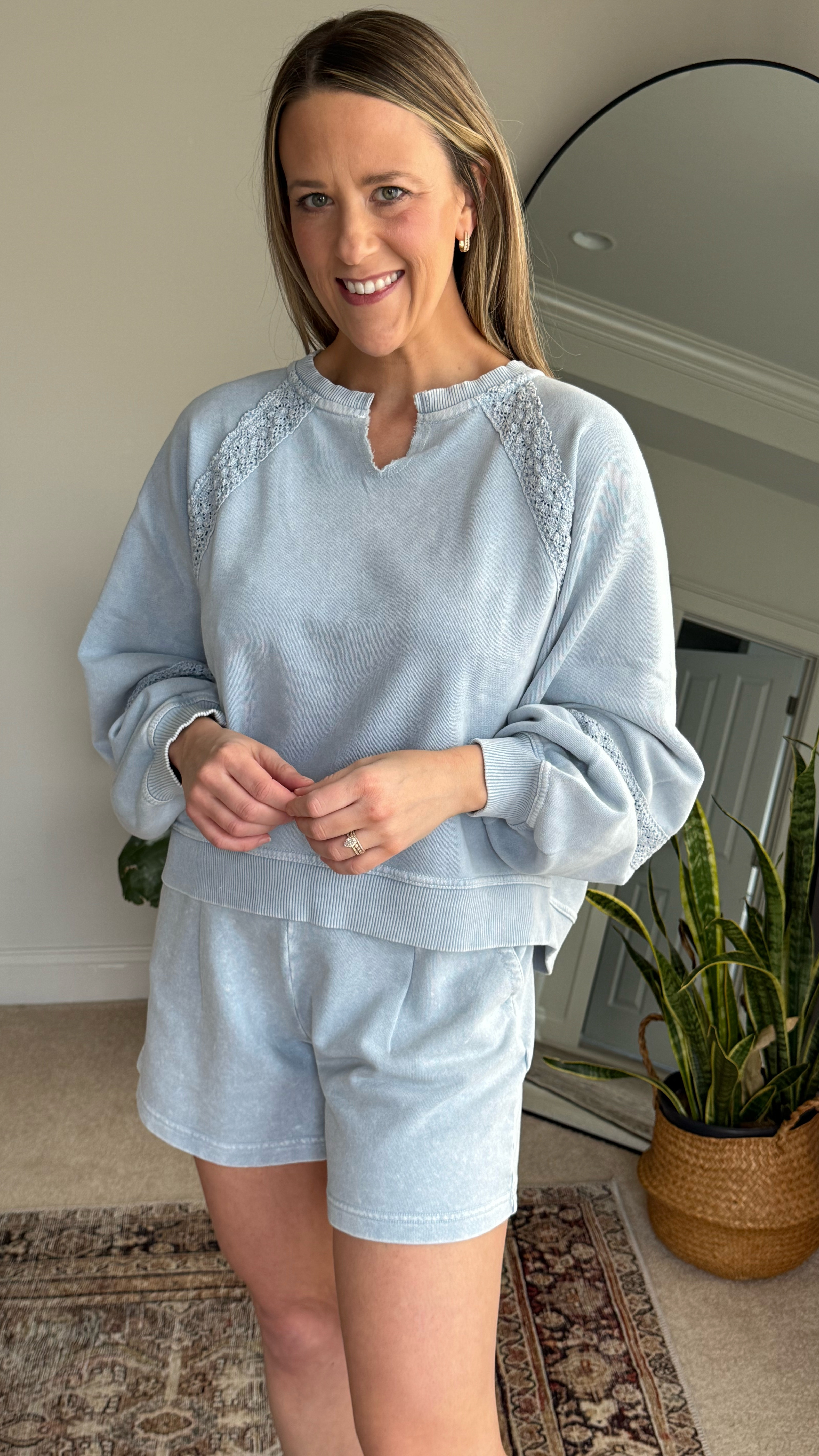 aeries spring line is 👩🏼‍🍳💋. This blue set is so cute. Loving the lace detail and the high lo hem on the sweatshirt. It would also be very cute paired with jeans. 

Wearing an XS in both. 

aerie spring | aerie loungewear | aerie short set| loungewear | travel set

#LTKWatchNow #LTKStyleTip #LTKFindsUnder50