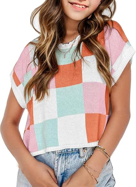 Girls Spring Crop Tops 2026 Summer Sweaters Cute Cap Sleeve Colorblock Loose Teen Top School Pict... | Amazon (US)