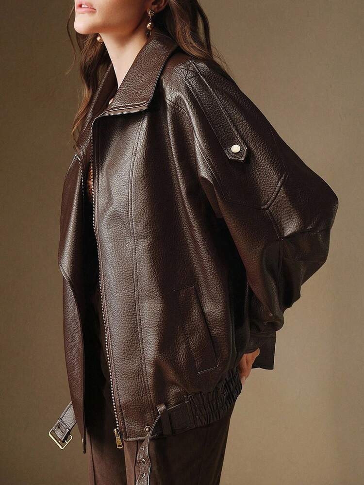 Anewsta Women's PU Leather Long Sleeve Zipper Front Casual Loose Fashion Oversized Jacket Retro Style | SHEIN