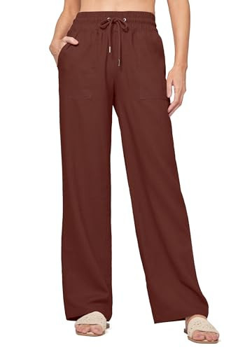 Willit Women Linen Pants Wide Leg Casual Palazzo Pants Cotton Linen Lounge Beach Summer Pants with Pockets 31" Reddish Brown XXXL | Amazon (US)