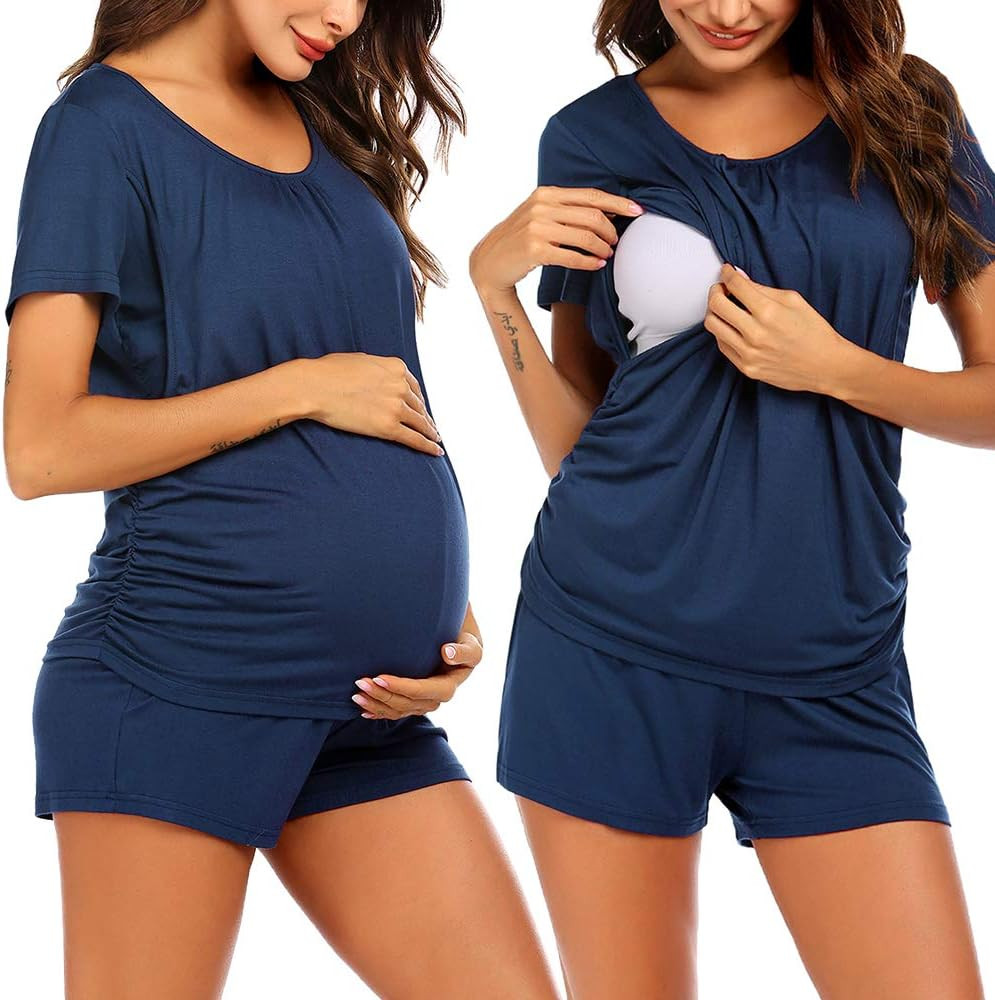 Ekouaer Women's Maternity Nursing Pajamas Set Breastfeeding Sleepwear Double Layer Short Sleeve T... | Amazon (US)