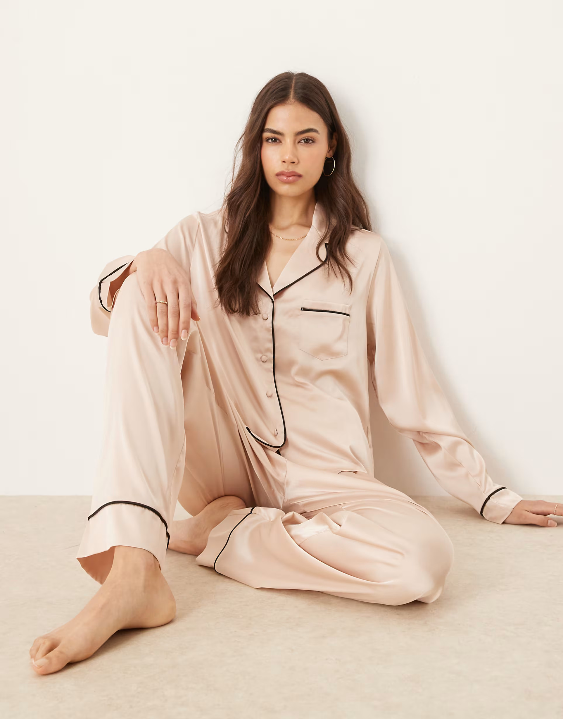 ASOS DESIGN Tall satin shirt & pants pajama set in champagne pink | ASOS | ASOS (Global)