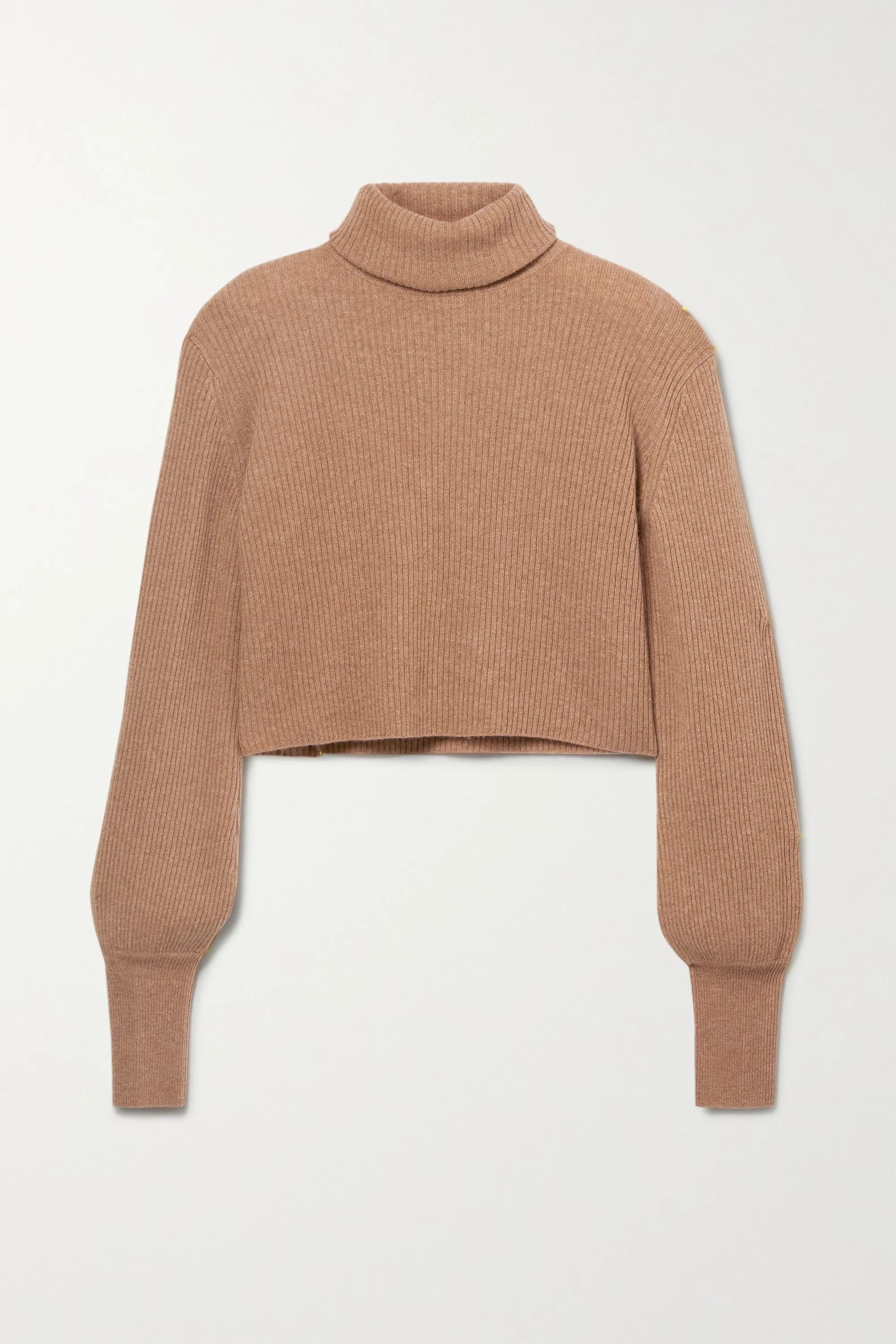 Camel + NET SUSTAIN Luisa cropped ribbed recycled cashmere-blend turtleneck sweater | Reformation... | NET-A-PORTER (US)