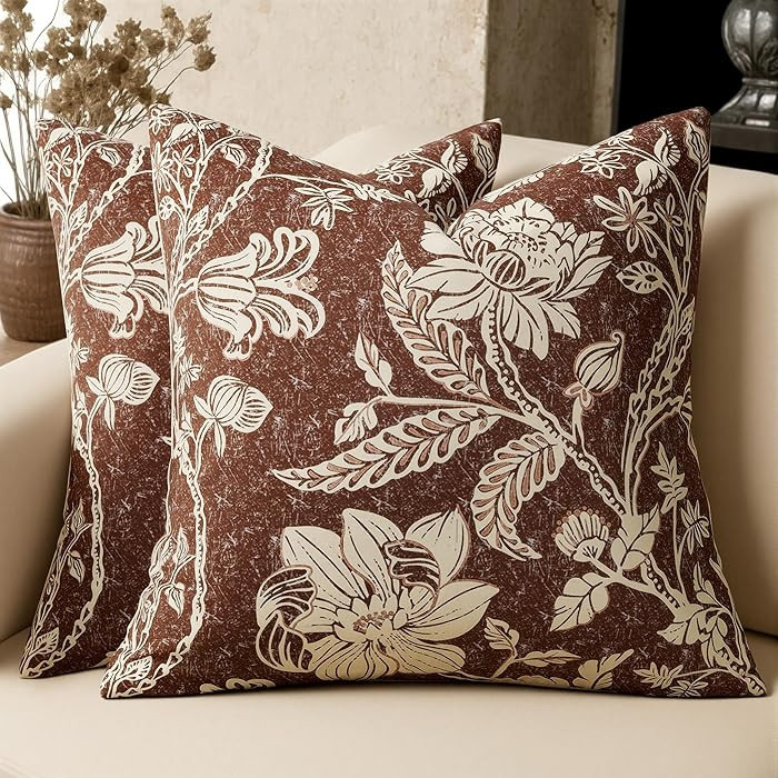 Brown Floral Pillow Covers 18x18：Vintage Chocolate Decorative Pillow Boho Patterned Covers Neut... | Amazon (US)