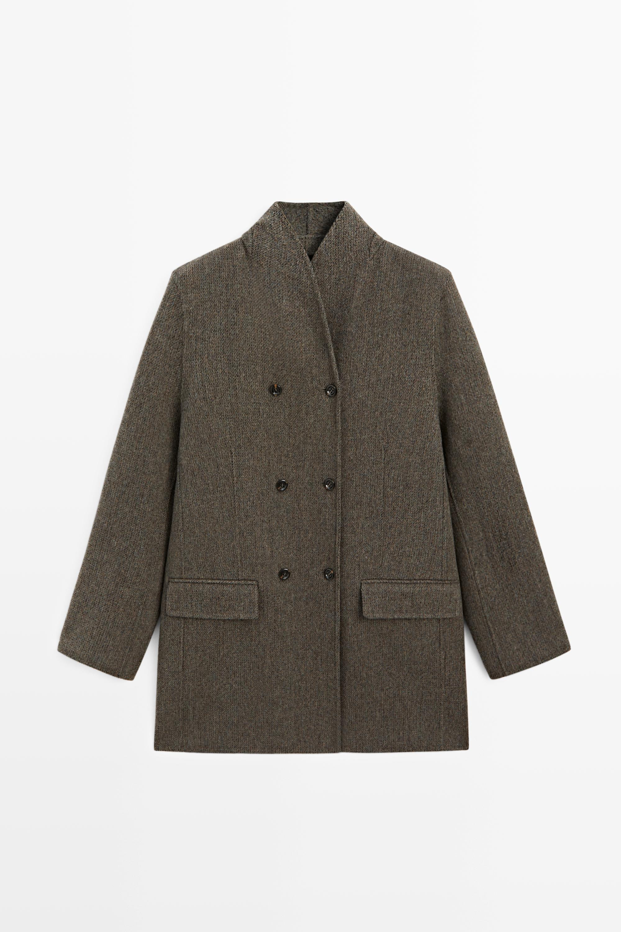 Mid-length double-breasted coat with button detail - BROWN | Massimo Dutti UK