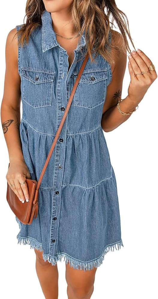luvamia Women's Casual Summer Lapel Sleeveless Button Down Short Denim Jean Dress | Amazon (US)