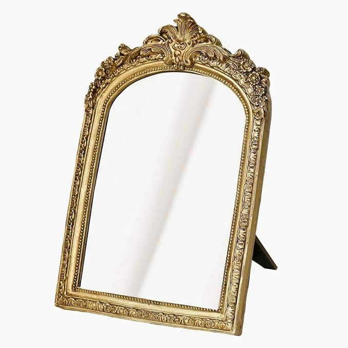 Vintage Vanity Desk Makeup Mirror,Small Antique Gold Decorative Wall Mirror,Resin Carved Arch Tab... | Amazon (US)