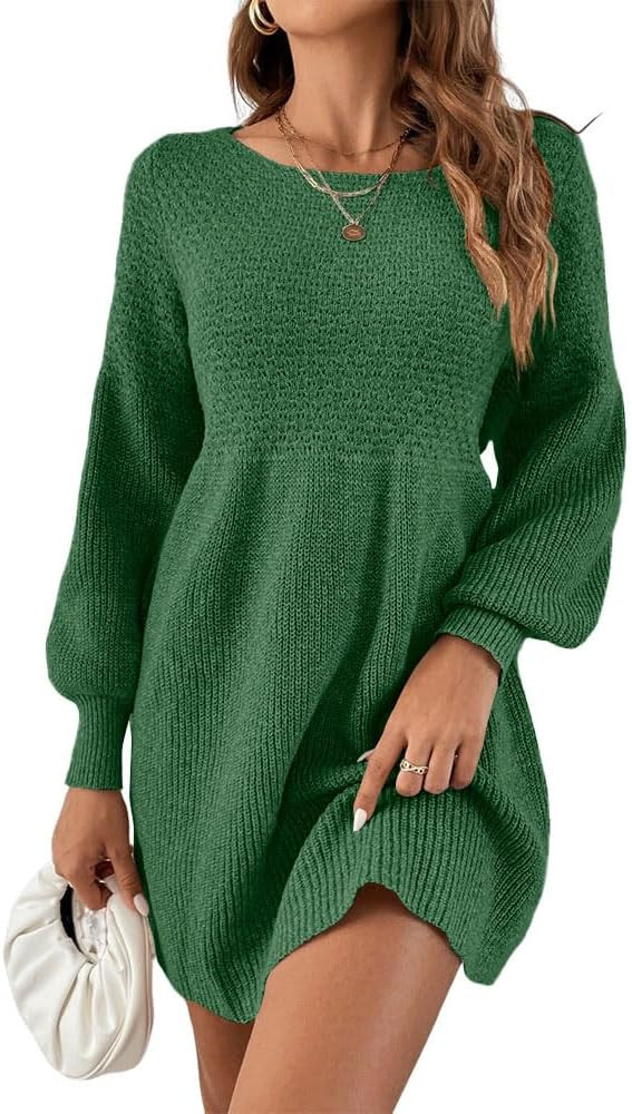 Saodimallsu Womens Crew Neck Mini Sweater Dress Lantern Sleeve High Waisted Rib Knit Dresses Cozy... | Amazon (US)