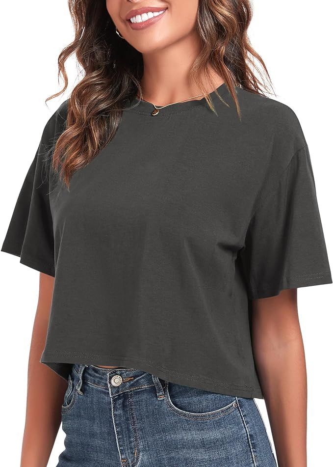 PRIMODA Women's Oversized Workout Cropped T Shirts Crew Neck Short Sleeve Casual Loose Summer Cro... | Amazon (US)
