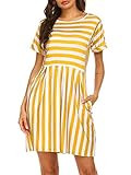 Women Dresses with Pockets,Summer Striped Printed Short Sleeve T-Shirt Aline Dresses,Yellow,L | Amazon (US)
