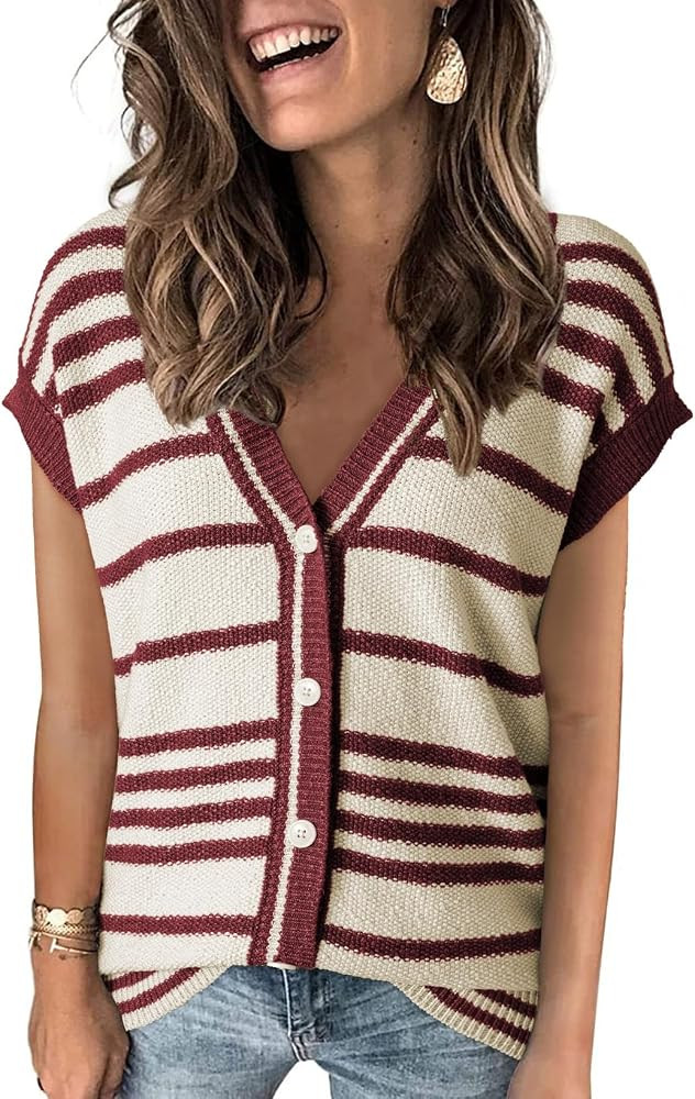 Dokotoo Sweater Vest Women Striped V Neck Button Vest for Women Vest Top Fall Outfits for Women 2... | Amazon (US)