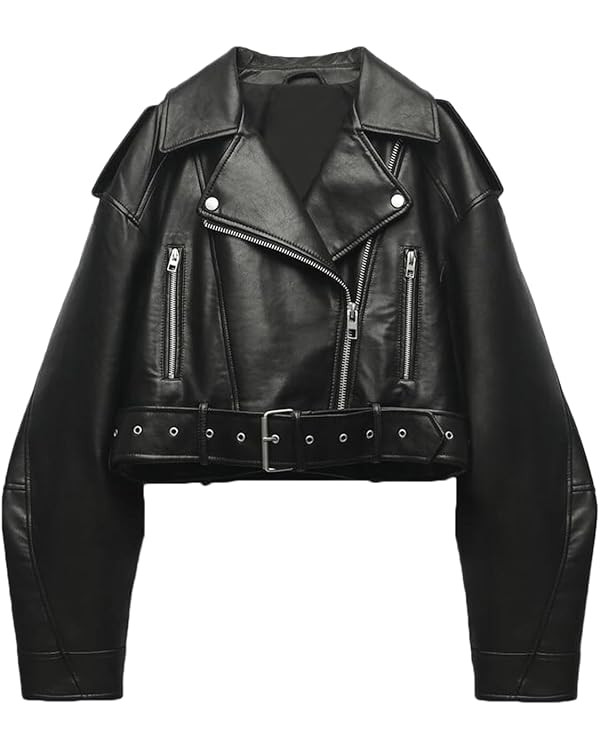 LY VAREY LIN Women Faux Leather Cropped Jacket Lapel Zipper Biker Short Coat with Belt | Amazon (US)
