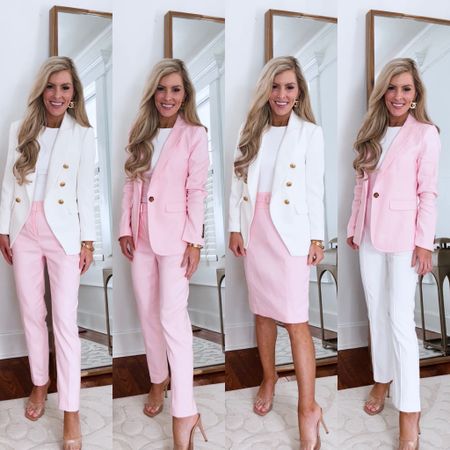 Pink suit wardrobe capsule pieces: these pieces can be mixed & styled so many different ways ! 💗💗

Pink blazer : 00 petite
Pink pants : 00 petite
Pink pencil skirt : 00 petitie
White body contour top: xs 
White pants : similar linked 

Office outfit 
Workwear
Blazer style
Business casual
Smart casual 
Petite pants
Petitie outfit 

#LTKworkwear #LTKSeasonal #LTKFind