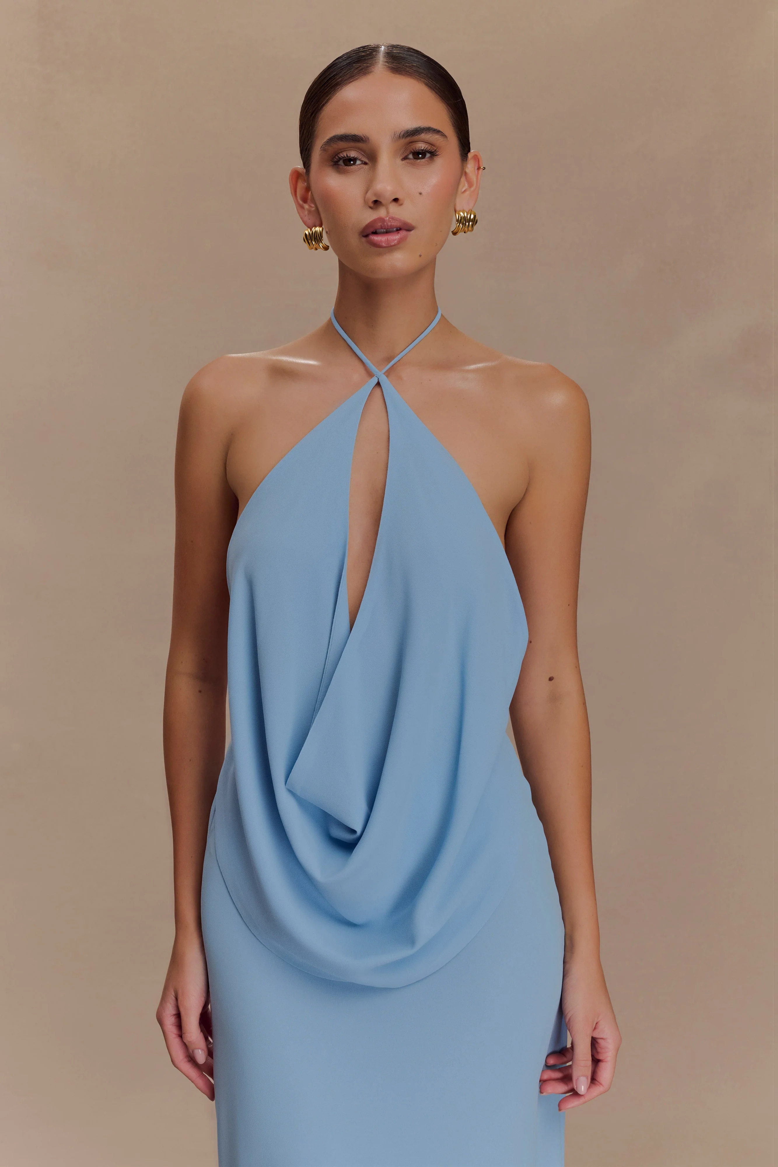 Katalina Chiffon Cowl Halter Top - Sky Blue | Meshki UK