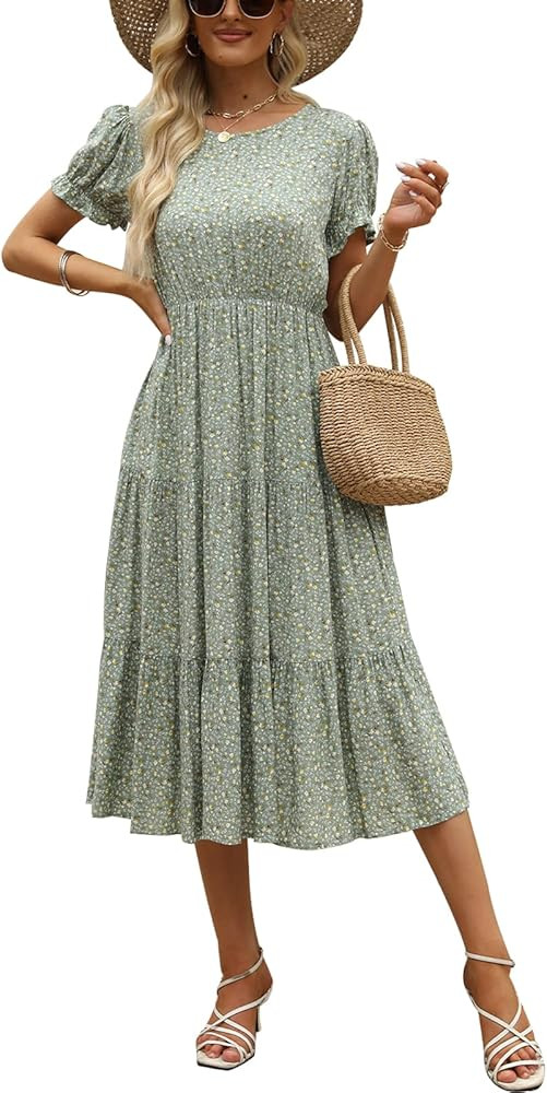 NAVINS Women Floral Print Puff Sleeve Tiered A-Line Swing Midi Dress with Pockets NA1002 | Amazon (US)
