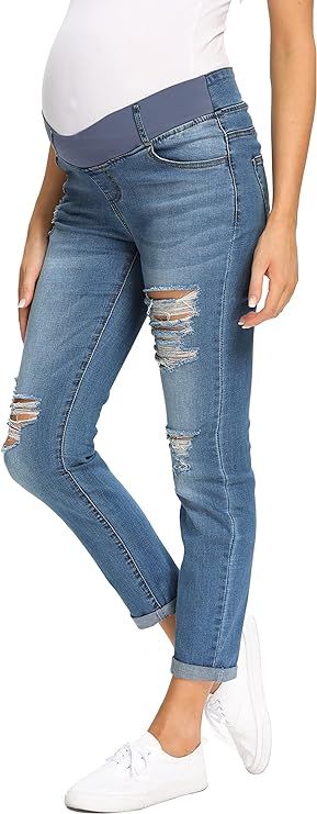 V VOCNI Maternity Jeans Women's Ripped Boyfriend Jeans Cute Distressed Jeans Stretch Skinny Mater... | Amazon (US)