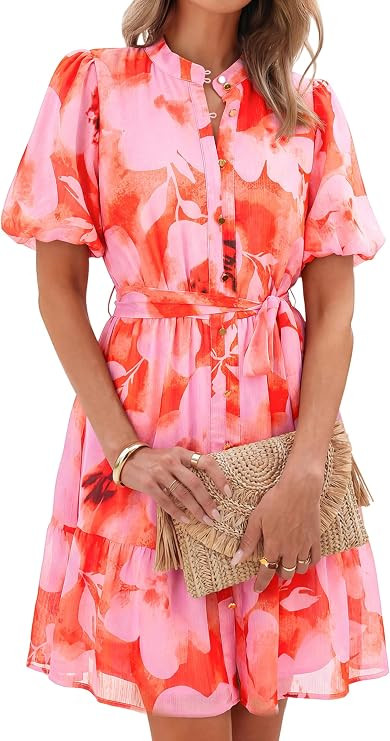 Simplee Womens Floral Short Summer Dresses Casual V Neck Button Down A-Line Tiered Ruffle Boho Mi... | Amazon (US)