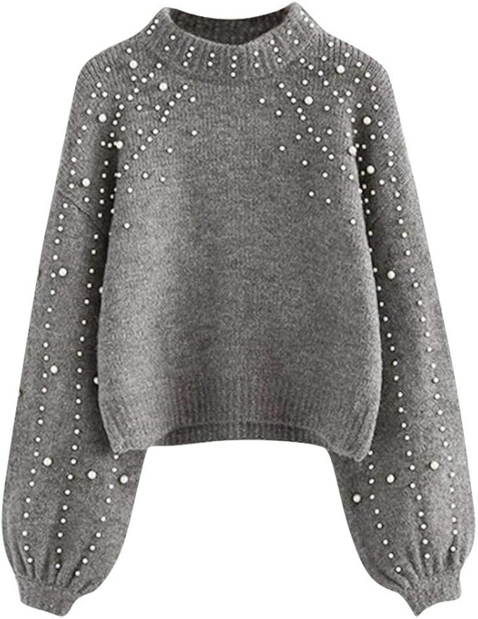 Women's Elegant Pearl Beaded Knitted Sweater Lantern Sleeve Round Neck Pullovers Tops | Amazon (US)