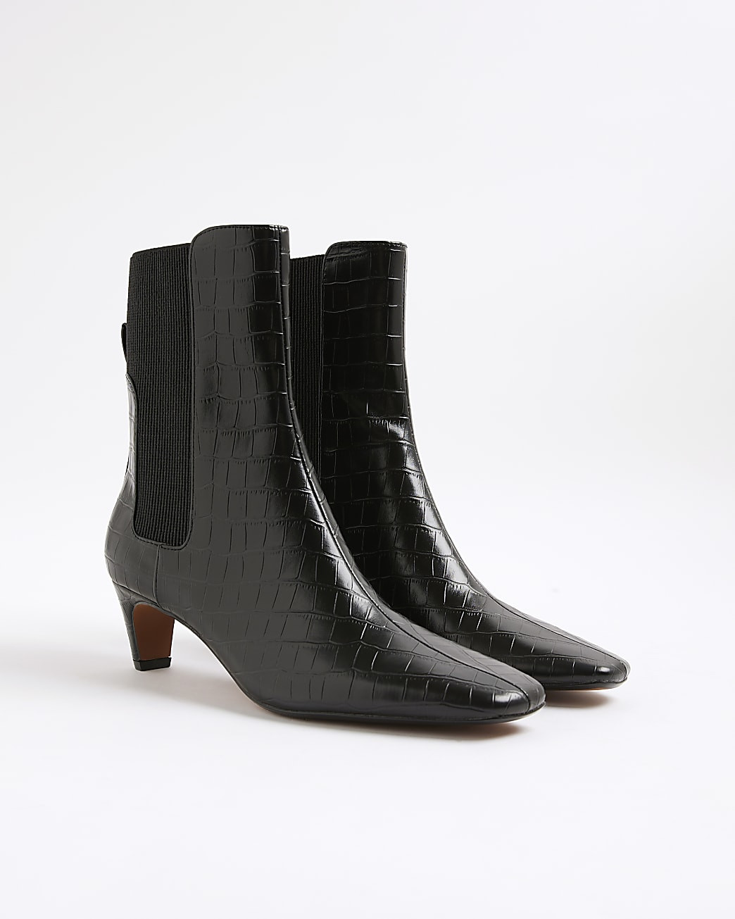 Black Kitten Heel Croc Textured Ankle Boots | River Island UK & IE