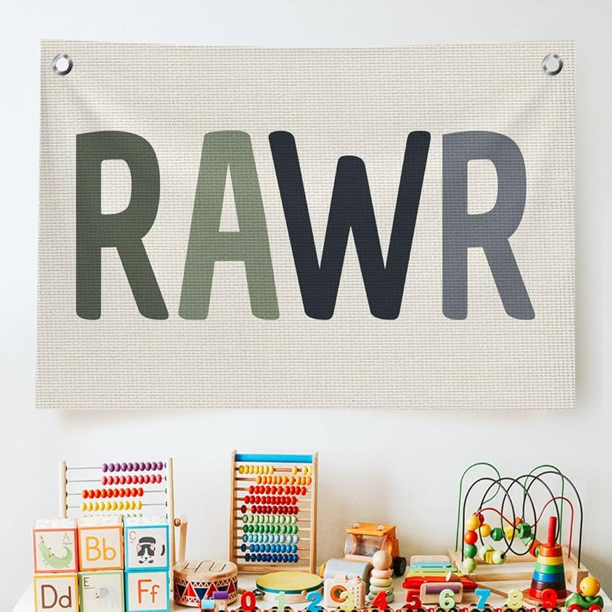 Funny Dinosaur Rawr Banners Wall Decor for Kids Nursery Playroom, Green Dinosaur Canvas Banner Wa... | Amazon (US)