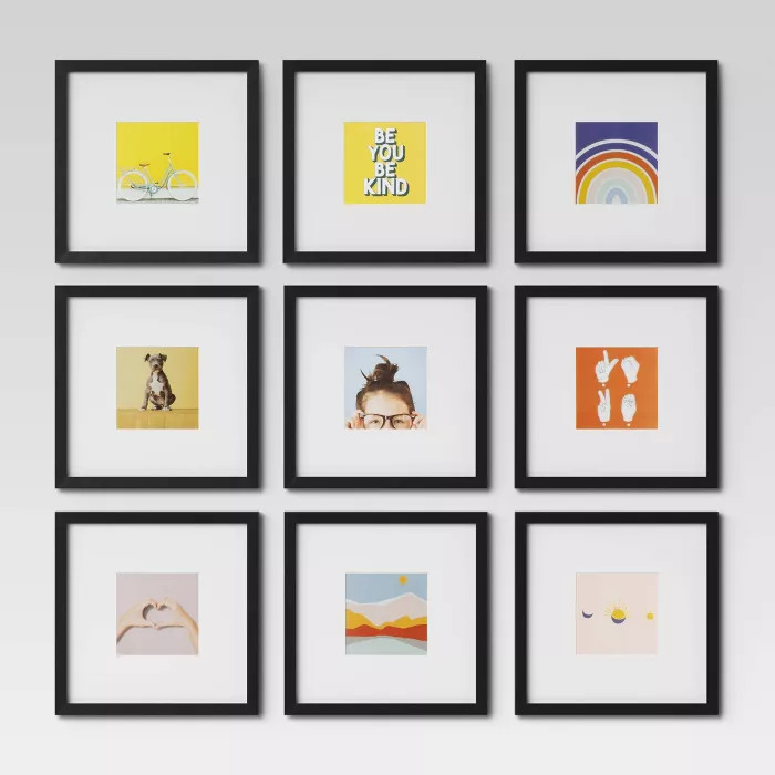 Set of 9 Gallery Frame Set 10" x 10" Matted to 5" x 5" Black - Room Essentials™ | Target