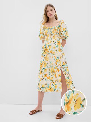 Linen-Blend Puff Sleeve Midi Dress | Gap (US)