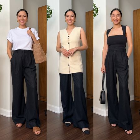 Styling black linen trousers 3 ways for spring and summer 

Linen trousers - wearing xs during pregnancy but my true size is xxs or PP (petite petite)
White tee - wearing xs, not cropped, so it’s easy to tuck in + wear during pregnancy! 
Long vest - linked a few other long vest options 
Slingback heels - runs narrow & I sized up half a size! 
Brown sandals 

Casual outfits / travel outfit ideas / mini spring capsule / summer outfits / travel capsule 

#LTKstyletip #LTKSeasonal