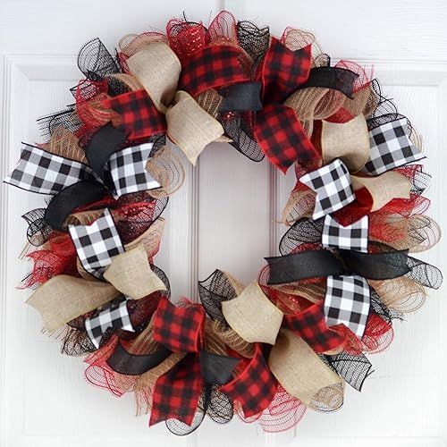 Buffalo Plaid Check Wreath - Front Door Outdoor Mesh Christmas Decor- White Red Black Burlap | Amazon (US)