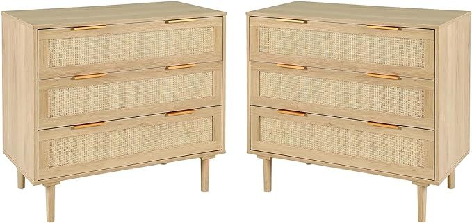 HOPUBUY 3 Drawer Dresser Set of 2 for Bedroom, Oak Rattan Dresser Closet Dressers Chest of Drawer... | Amazon (US)