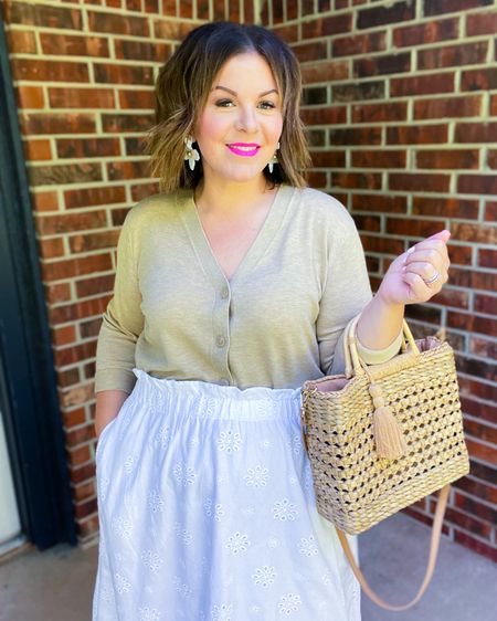 Neutral Target summer outfit that’s midsize and plus size friendly! Great for a casual work outfit, church outfit, graduation outfit, or baby shower guest. This white eyelet midi skirt goes with everything, wearing XL. Cardigan is a L.

#LTKPlusSize #LTKFindsUnder50 #LTKMidsize