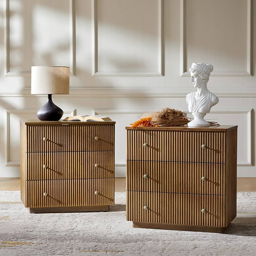 HULALA Modern Nightstands Set of 2 with 3 Drawers, Fluted Nightstands with Charging Station, 26.2... | Amazon (US)