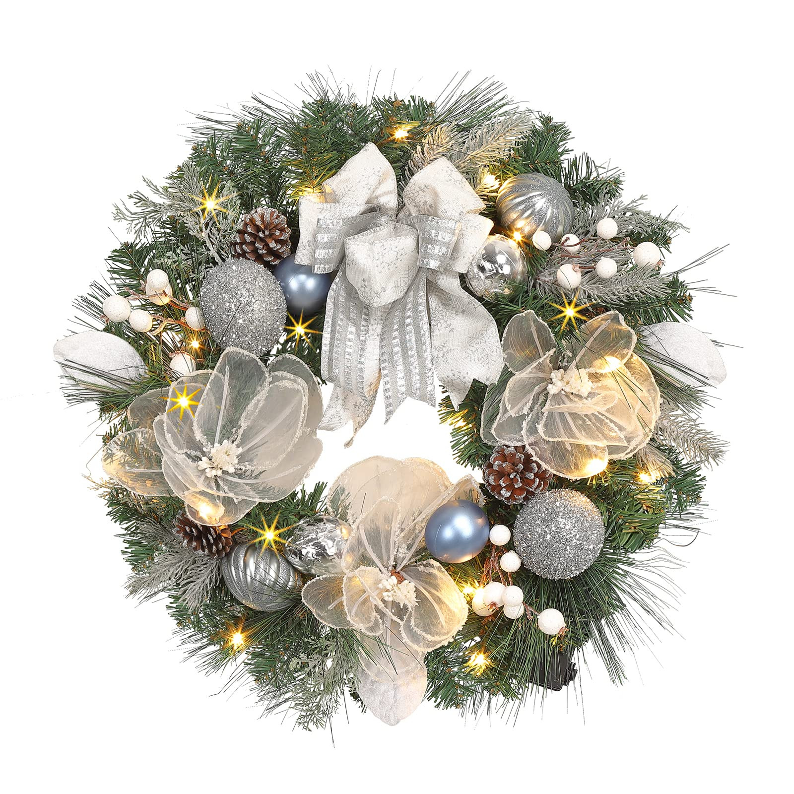 Lighted Christmas Wreath for Front Door with 20 LED Lights,22inch prelit Christmas Wreath with Big Flower and Ball Ornament,Winter Porch Decor,Indoor Outdoor Christmas Silver White Decorations | Amazon (US)