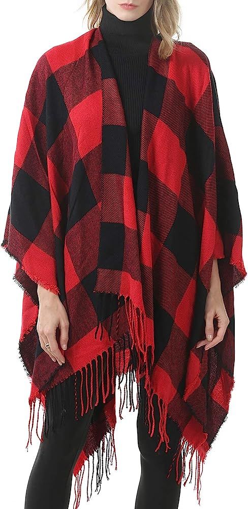 Womens Tassel Plaid Shawls Printed Open Front Blanket Ponchos for Women Large Scarf Soft Blanket ... | Amazon (US)