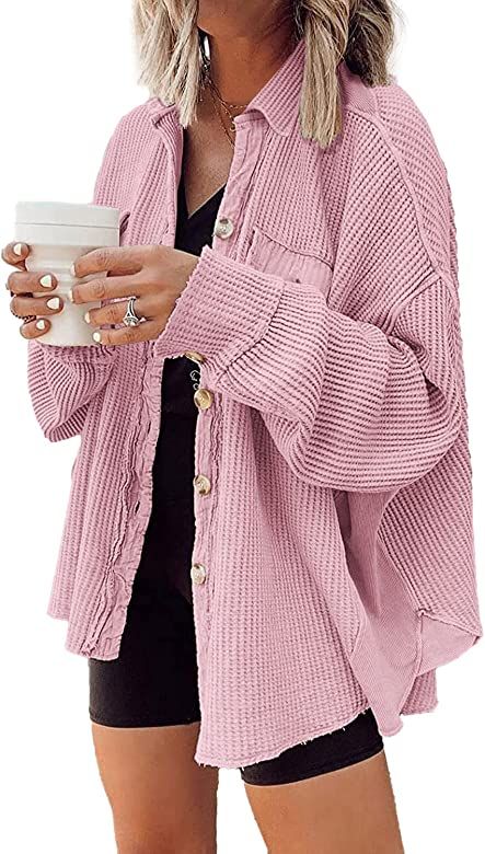 Nirovien Womens Waffle Knit Shirt Jacket Oversized Button Down Shacket Batwing Sleeve Tops with P... | Amazon (US)